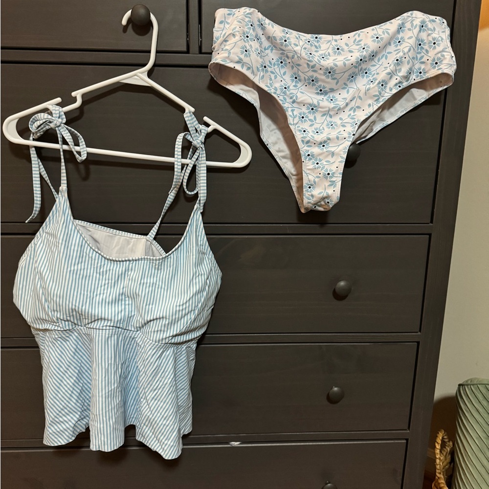 Blue and White Striped Tankini Set